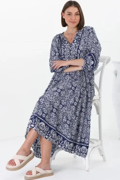 Kamali Midi Dress - Batwing Sleeve Smock Dress with Lace Detailing in Harley Print Blue>Salty Crush Online