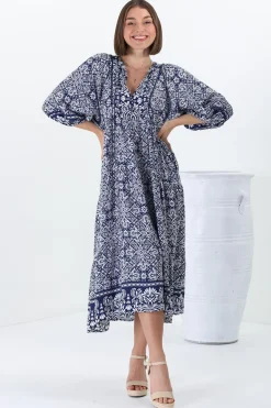 Kamali Midi Dress - Batwing Sleeve Smock Dress with Lace Detailing in Harley Print Blue><noscript><img width=
