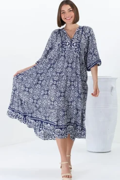 Kamali Midi Dress - Batwing Sleeve Smock Dress with Lace Detailing in Harley Print Blue><noscript><img width=