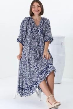 Kamali Midi Dress - Batwing Sleeve Smock Dress with Lace Detailing in Harley Print Blue><noscript><img width=