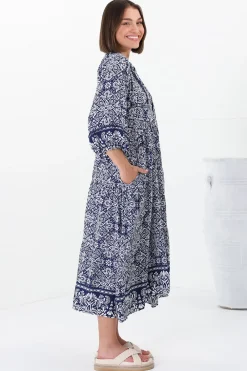 Kamali Midi Dress - Batwing Sleeve Smock Dress with Lace Detailing in Harley Print Blue><noscript><img width=