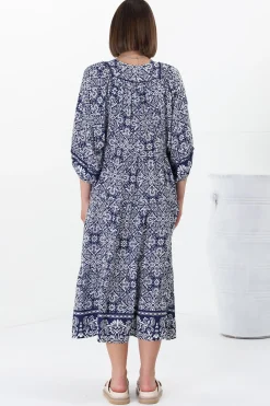 Kamali Midi Dress - Batwing Sleeve Smock Dress with Lace Detailing in Harley Print Blue><noscript><img width=