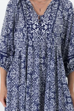 Kamali Midi Dress - Batwing Sleeve Smock Dress with Lace Detailing in Harley Print Blue><noscript><img width=