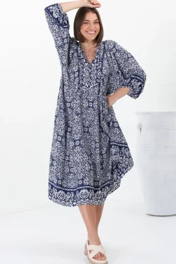 Kamali Midi Dress - Batwing Sleeve Smock Dress with Lace Detailing in Harley Print Blue><noscript><img width=