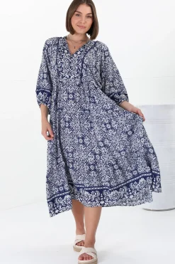 Kamali Midi Dress - Batwing Sleeve Smock Dress with Lace Detailing in Harley Print Blue><noscript><img width=