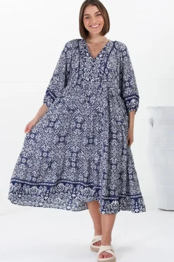 Kamali Midi Dress - Batwing Sleeve Smock Dress with Lace Detailing in Harley Print Blue><noscript><img width=