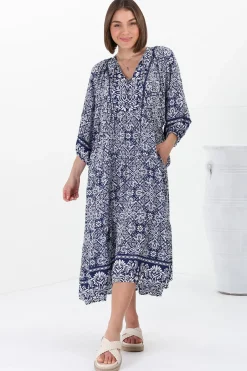 Kamali Midi Dress - Batwing Sleeve Smock Dress with Lace Detailing in Harley Print Blue><noscript><img width=