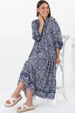 Kamali Midi Dress - Batwing Sleeve Smock Dress with Lace Detailing in Harley Print Blue><noscript><img width=