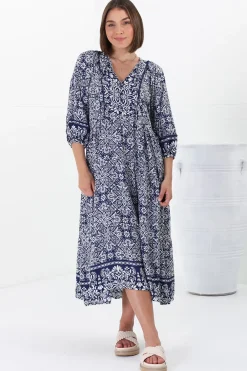 Kamali Midi Dress - Batwing Sleeve Smock Dress with Lace Detailing in Harley Print Blue><noscript><img width=