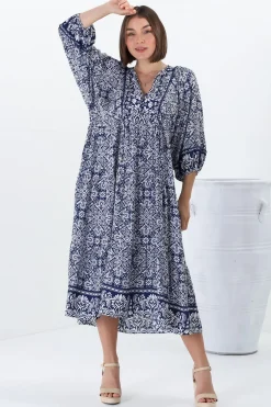 Kamali Midi Dress - Batwing Sleeve Smock Dress with Lace Detailing in Harley Print Blue><noscript><img width=