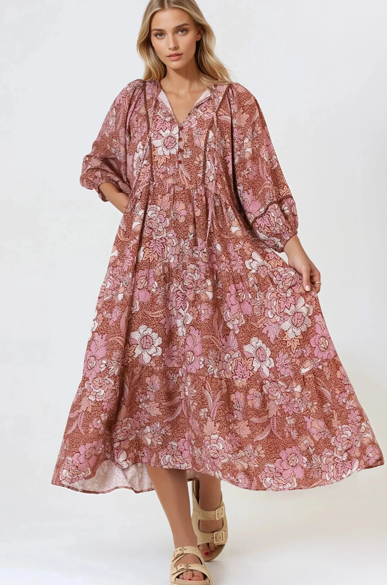 Kamali Midi Dress - Batwing Sleeve Smock Dress with Lace Detailing in Luedi Print in Rust>Salty Crush Discount