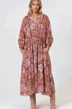 Kamali Midi Dress - Batwing Sleeve Smock Dress with Lace Detailing in Luedi Print in Rust>Salty Crush Discount