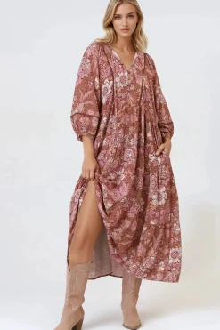 Kamali Midi Dress - Batwing Sleeve Smock Dress with Lace Detailing in Luedi Print in Rust><noscript><img width=