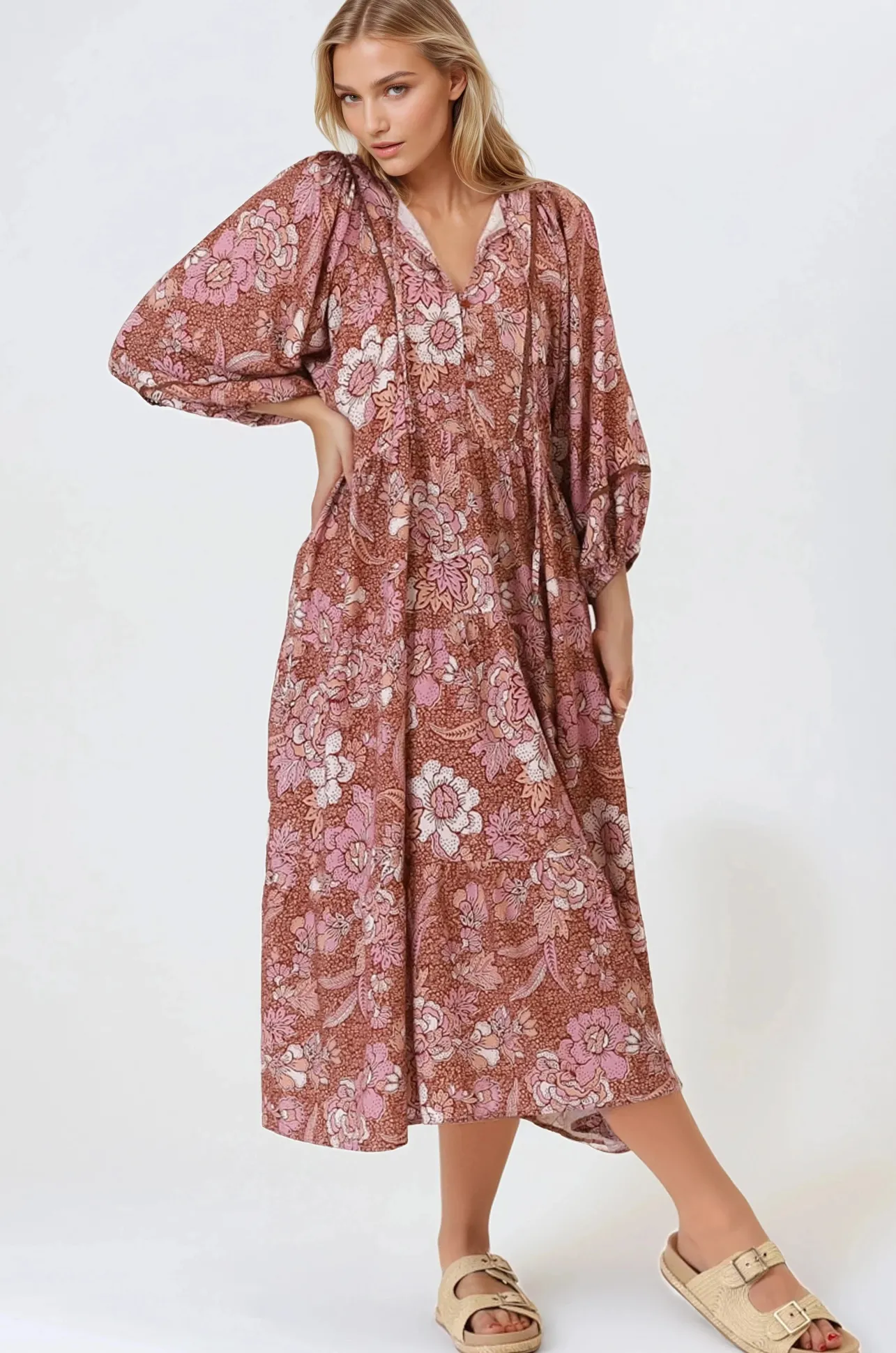 Kamali Midi Dress - Batwing Sleeve Smock Dress with Lace Detailing in Luedi Print in Rust>Salty Crush Discount