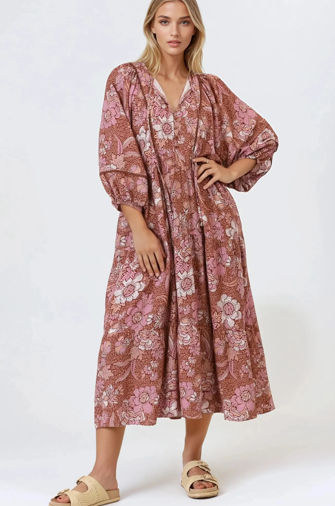 Kamali Midi Dress - Batwing Sleeve Smock Dress with Lace Detailing in Luedi Print in Rust>Salty Crush Discount