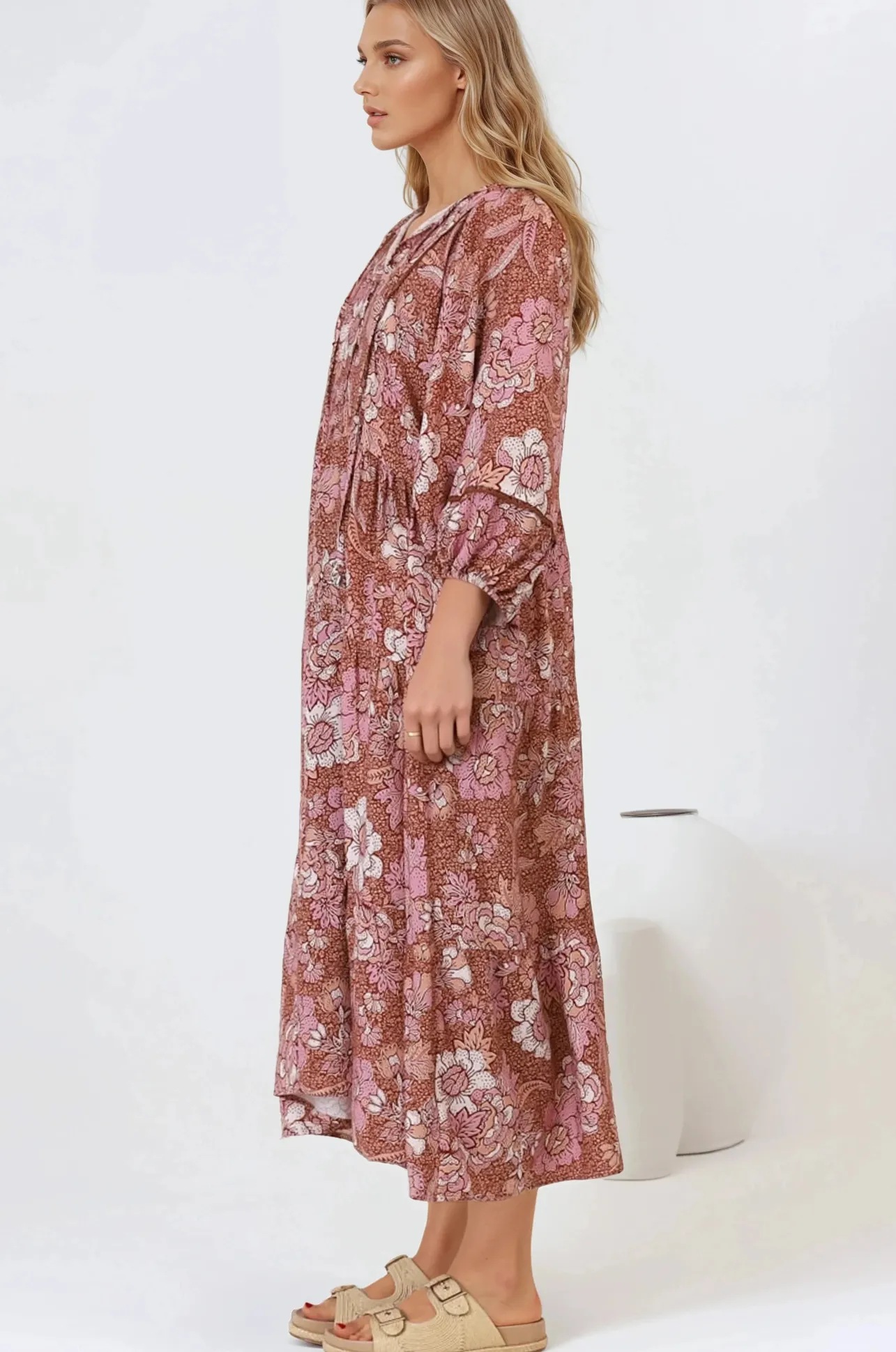 Kamali Midi Dress - Batwing Sleeve Smock Dress with Lace Detailing in Luedi Print in Rust>Salty Crush Discount
