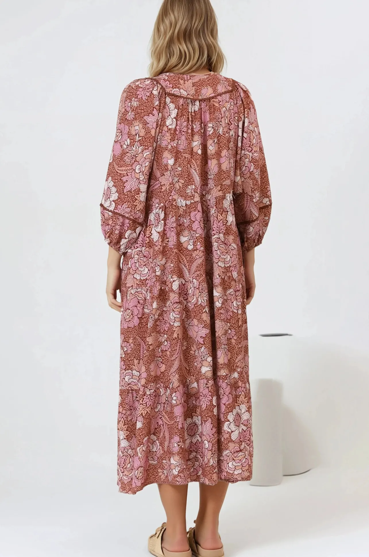 Kamali Midi Dress - Batwing Sleeve Smock Dress with Lace Detailing in Luedi Print in Rust>Salty Crush Discount