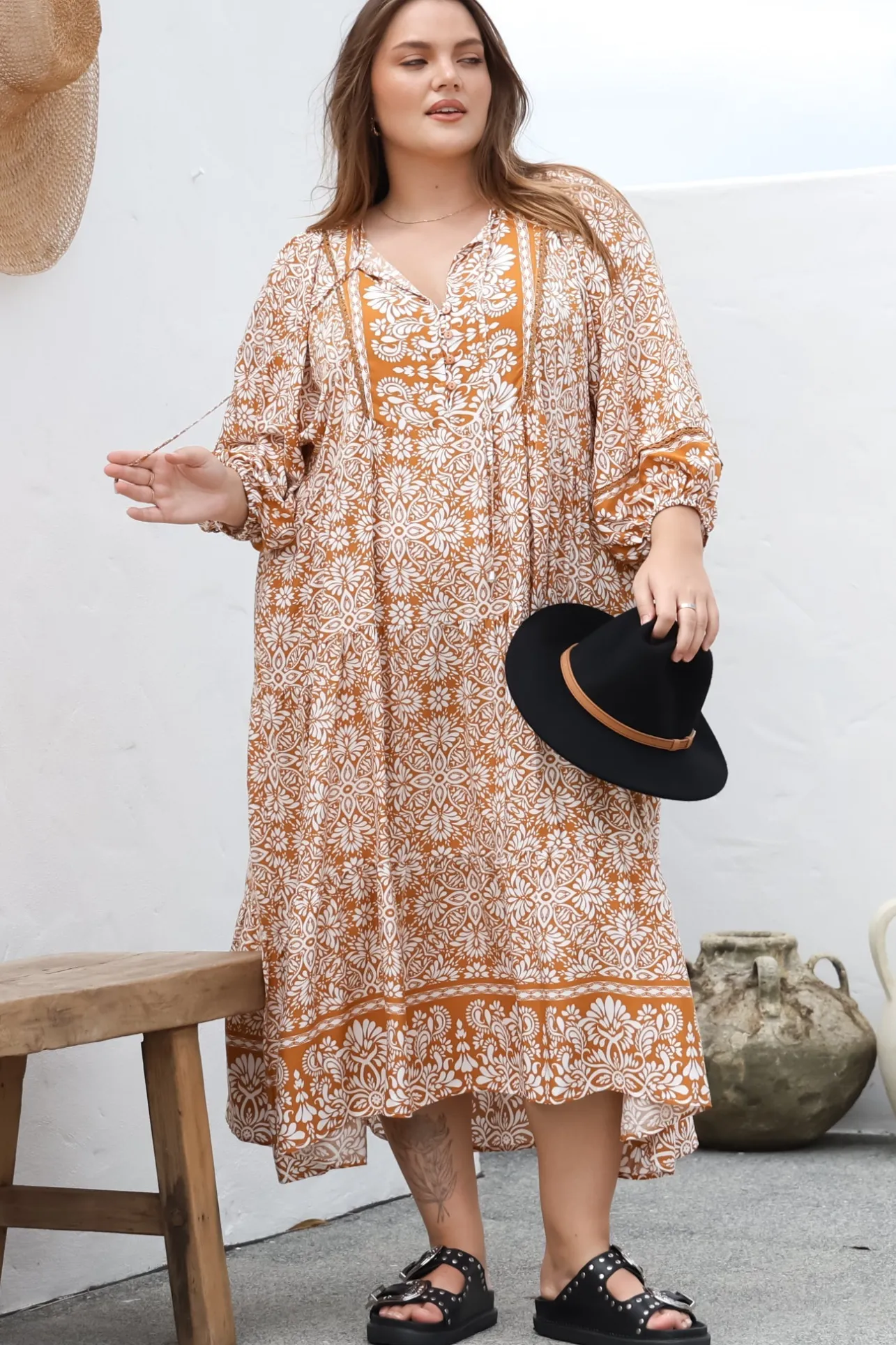 Kamali Midi Dress - Batwing Sleeve Smock Dress with Lace Detailing in Harley Print Rust>Salty Crush Clearance