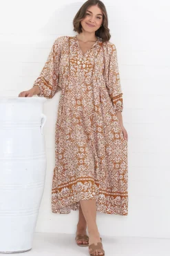 Kamali Midi Dress - Batwing Sleeve Smock Dress with Lace Detailing in Harley Print Rust>Salty Crush Clearance