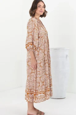 Kamali Midi Dress - Batwing Sleeve Smock Dress with Lace Detailing in Harley Print Rust><noscript><img width=