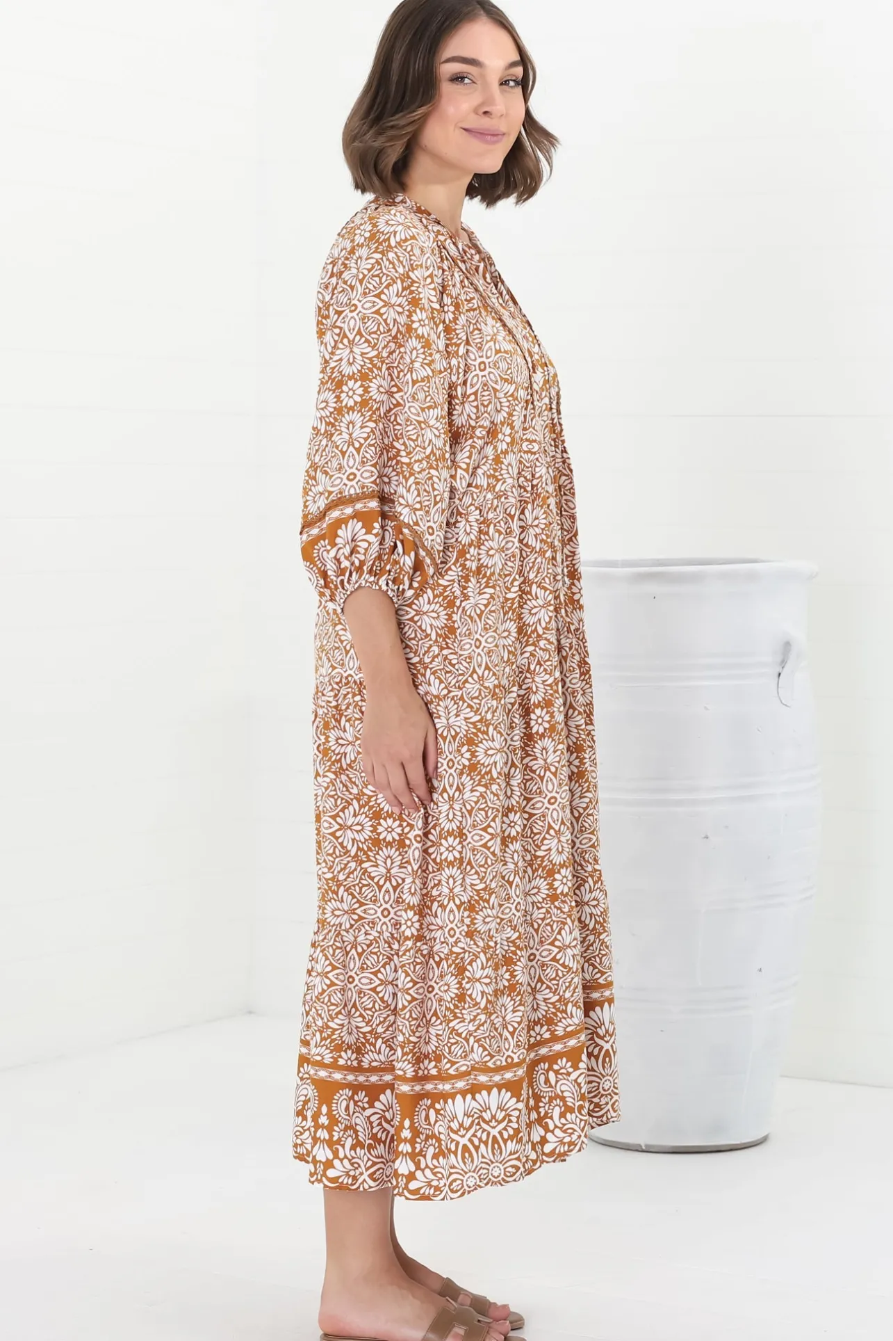 Kamali Midi Dress - Batwing Sleeve Smock Dress with Lace Detailing in Harley Print Rust>Salty Crush Clearance