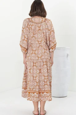 Kamali Midi Dress - Batwing Sleeve Smock Dress with Lace Detailing in Harley Print Rust><noscript><img width=