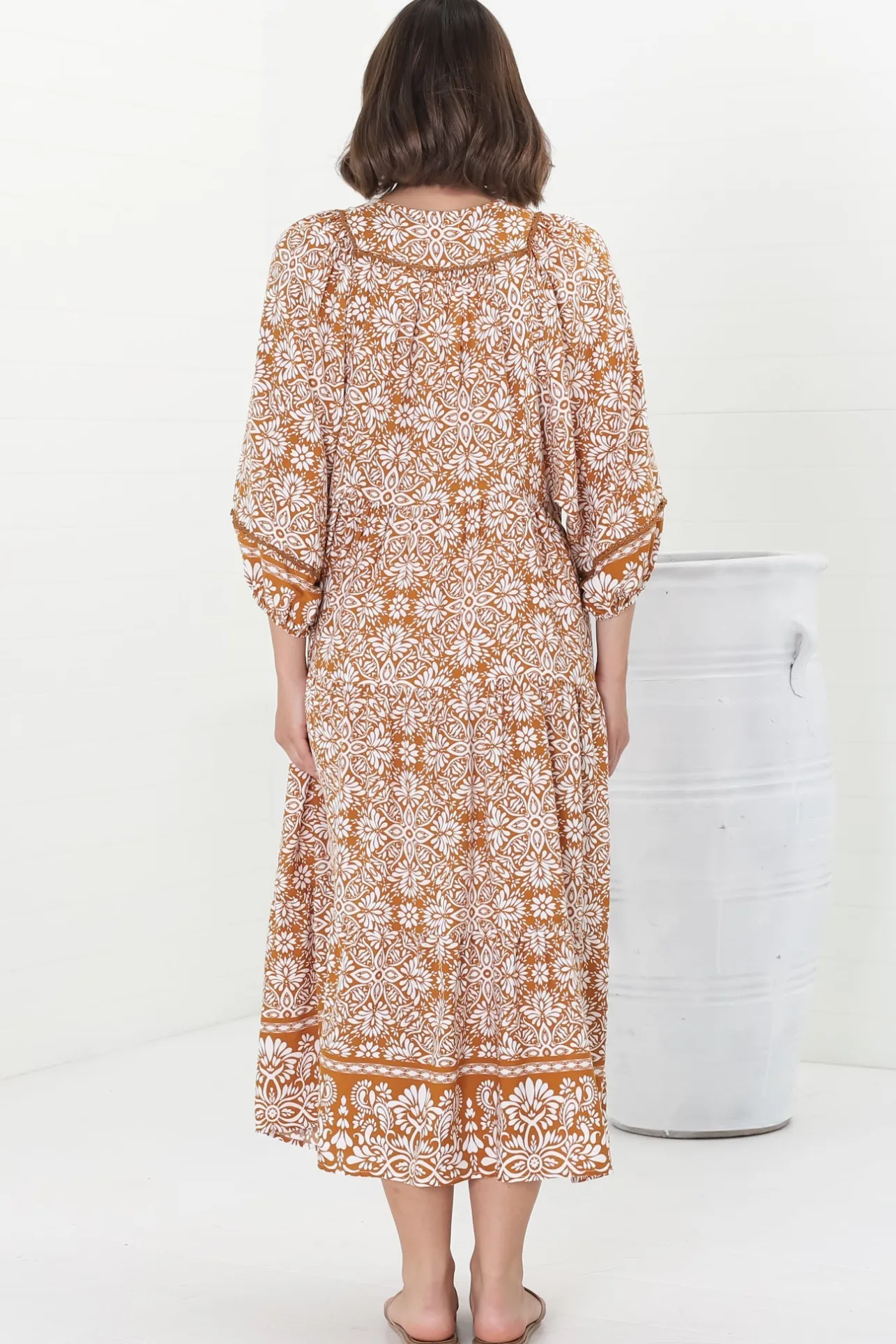 Kamali Midi Dress - Batwing Sleeve Smock Dress with Lace Detailing in Harley Print Rust>Salty Crush Clearance