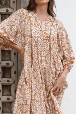 Kamali Midi Dress - Batwing Sleeve Smock Dress with Lace Detailing in Harley Print Rust><noscript><img width=