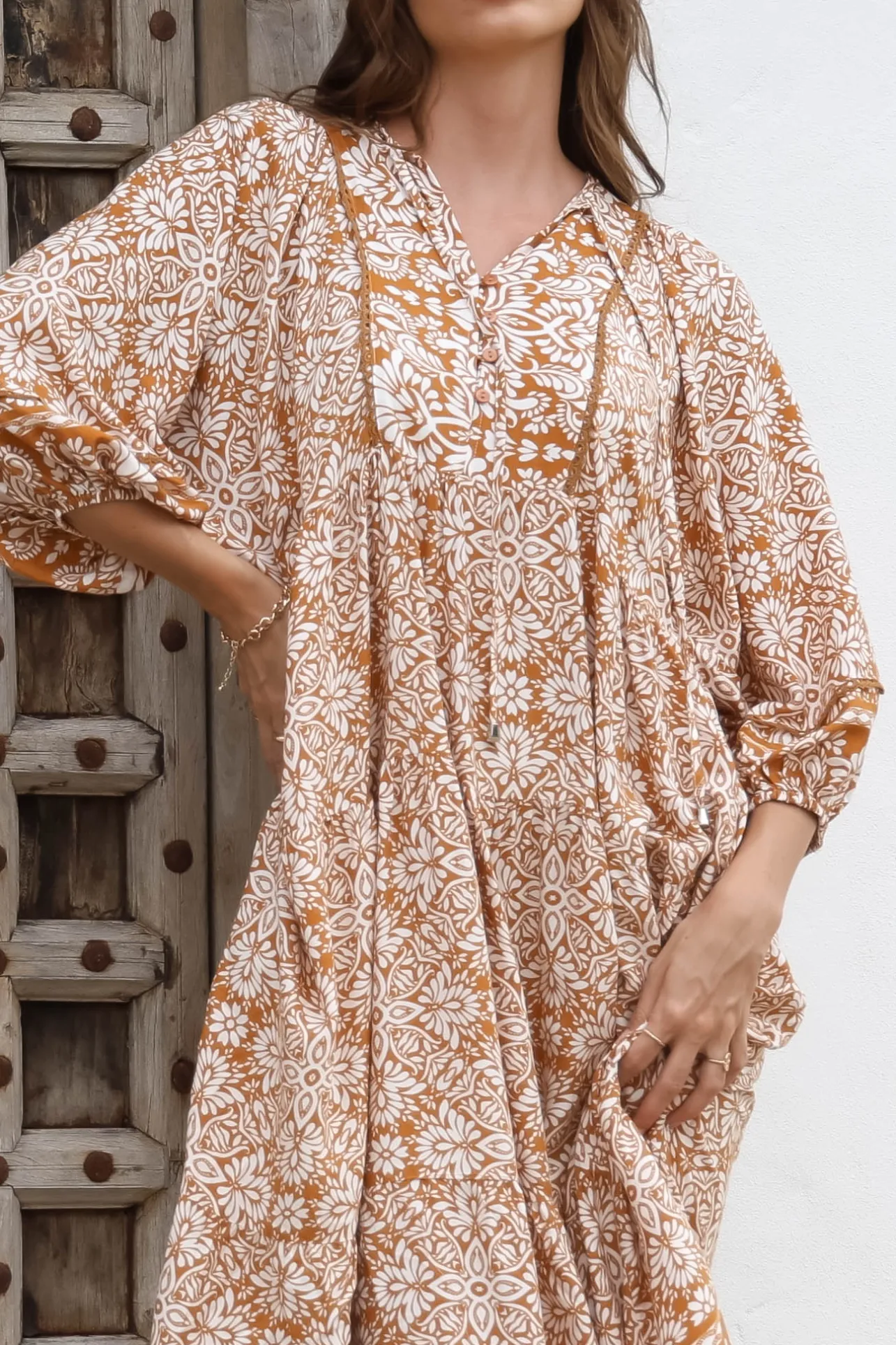 Kamali Midi Dress - Batwing Sleeve Smock Dress with Lace Detailing in Harley Print Rust>Salty Crush Clearance