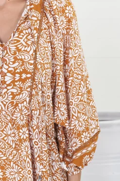 Kamali Midi Dress - Batwing Sleeve Smock Dress with Lace Detailing in Harley Print Rust><noscript><img width=