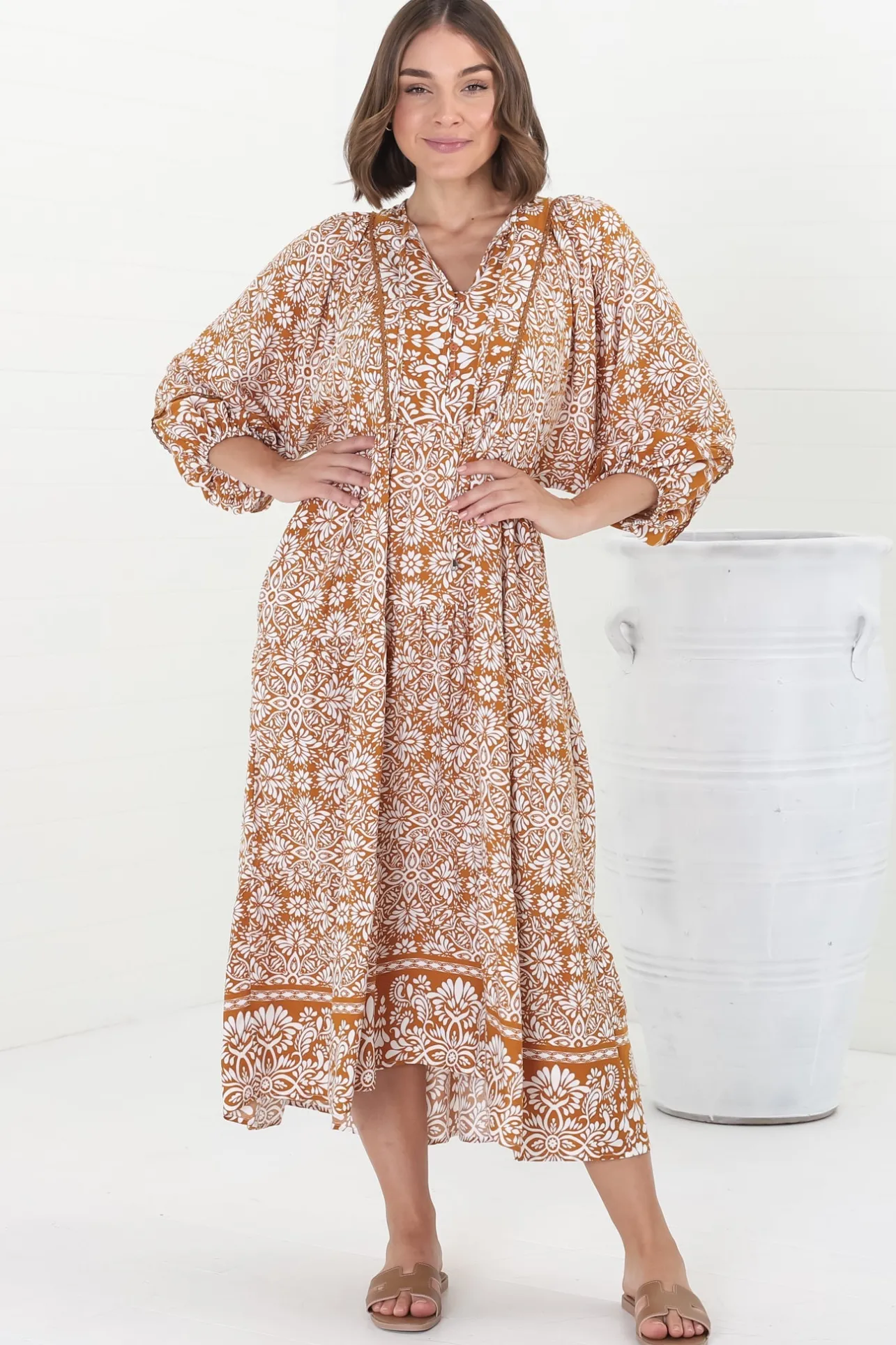 Kamali Midi Dress - Batwing Sleeve Smock Dress with Lace Detailing in Harley Print Rust>Salty Crush Clearance