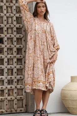 Kamali Midi Dress - Batwing Sleeve Smock Dress with Lace Detailing in Harley Print Rust><noscript><img width=