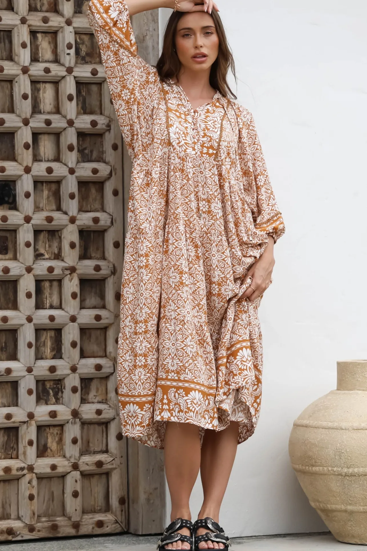 Kamali Midi Dress - Batwing Sleeve Smock Dress with Lace Detailing in Harley Print Rust>Salty Crush Clearance