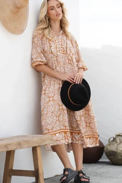 Kamali Midi Dress - Batwing Sleeve Smock Dress with Lace Detailing in Harley Print Rust><noscript><img width=
