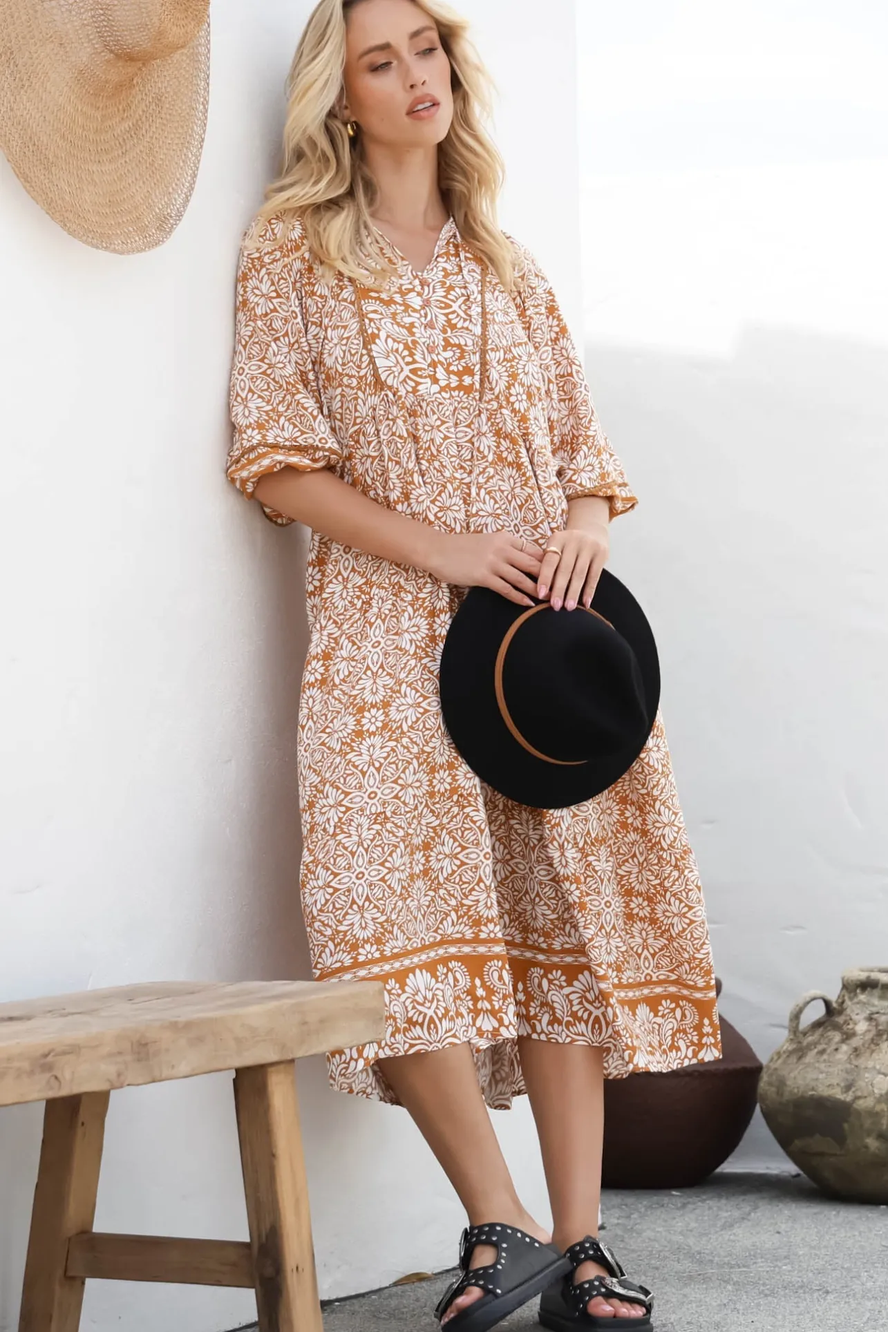 Kamali Midi Dress - Batwing Sleeve Smock Dress with Lace Detailing in Harley Print Rust>Salty Crush Clearance