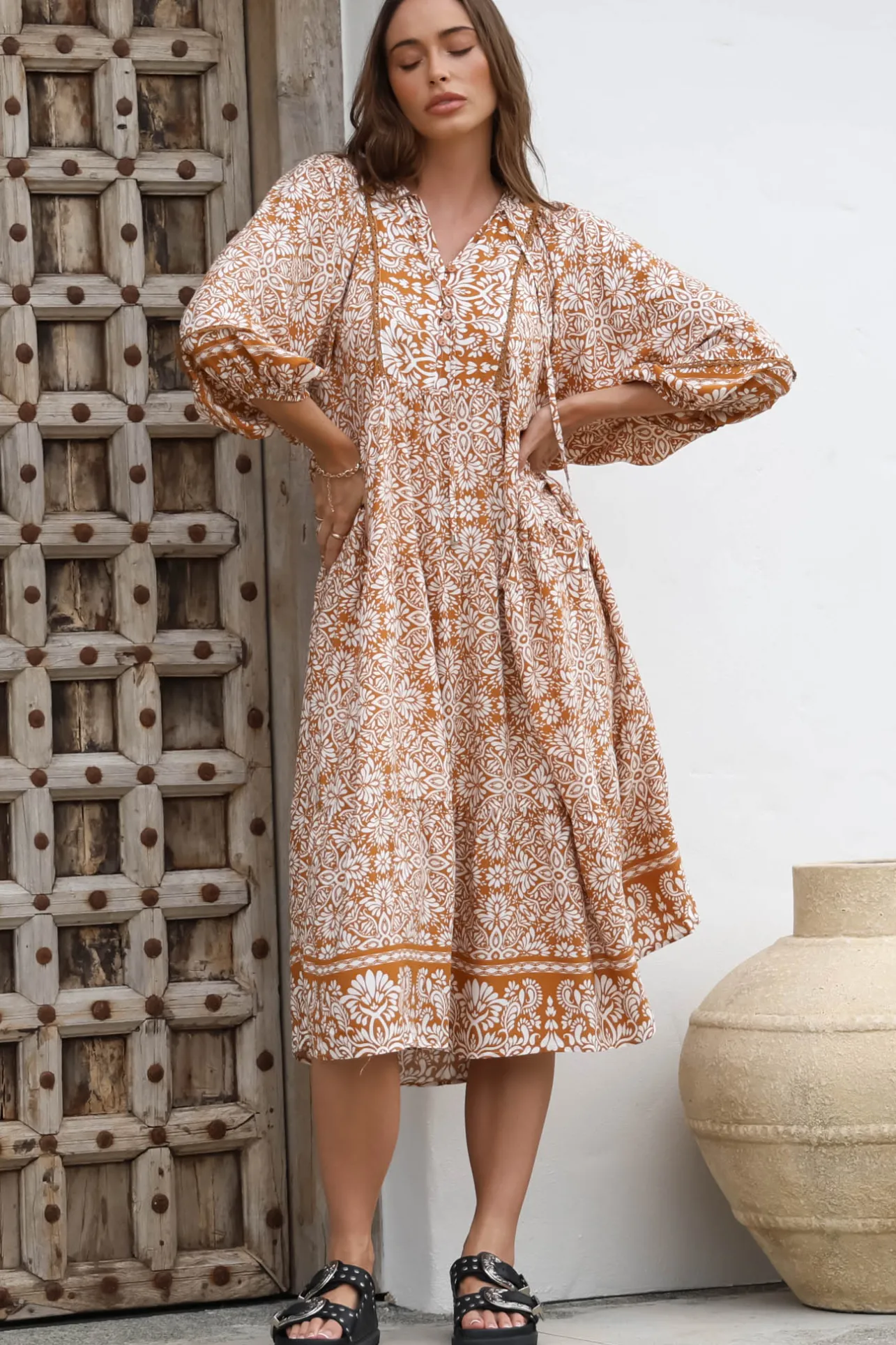 Kamali Midi Dress - Batwing Sleeve Smock Dress with Lace Detailing in Harley Print Rust>Salty Crush Clearance