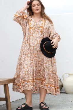 Kamali Midi Dress - Batwing Sleeve Smock Dress with Lace Detailing in Harley Print Rust><noscript><img width=