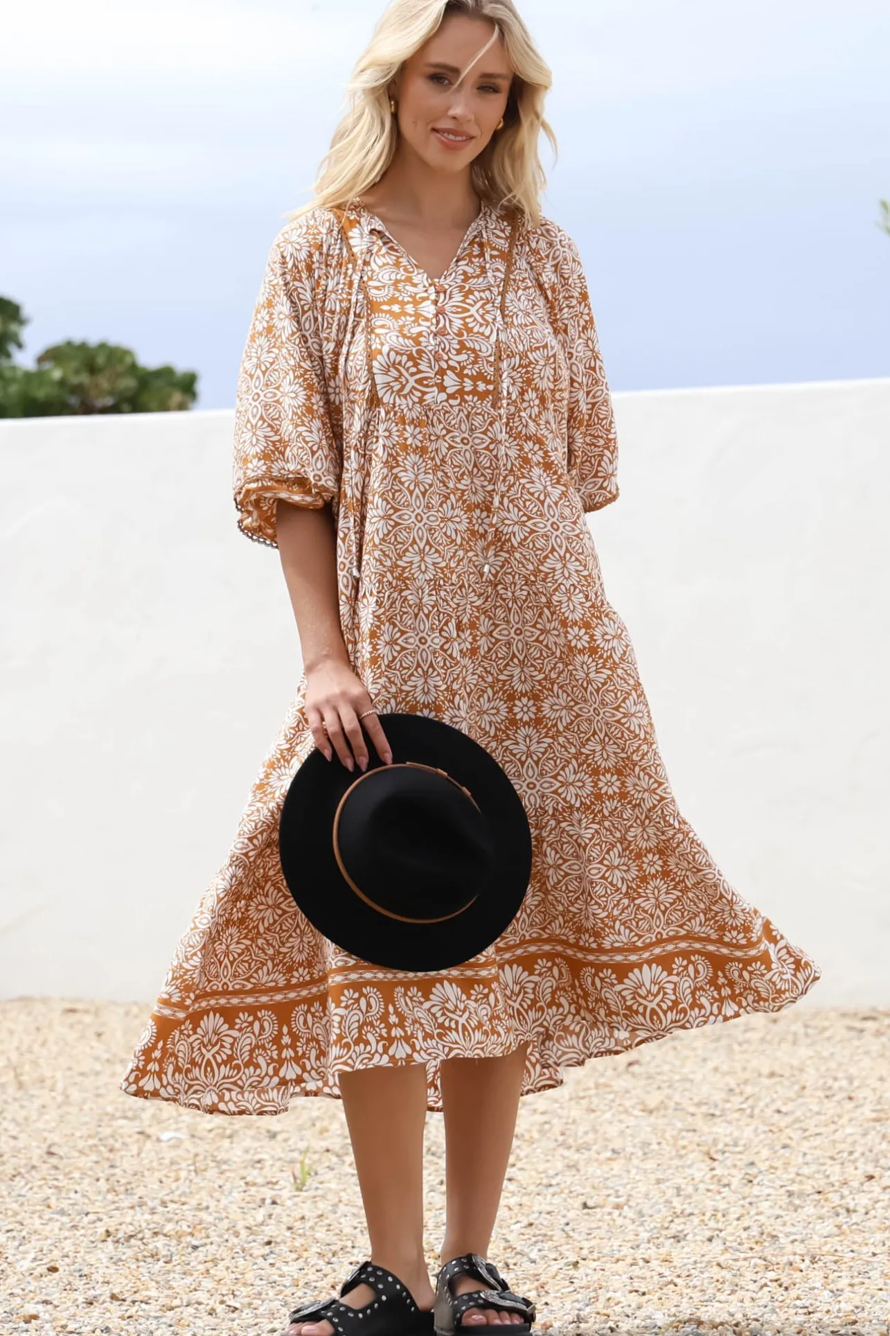 Kamali Midi Dress - Batwing Sleeve Smock Dress with Lace Detailing in Harley Print Rust>Salty Crush Clearance