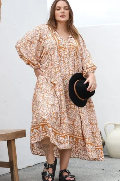 Kamali Midi Dress - Batwing Sleeve Smock Dress with Lace Detailing in Harley Print Rust><noscript><img width=