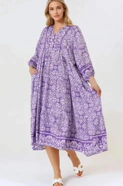 Kamali Midi Dress - Batwing Sleeve Smock Dress with Lace Detailing in Harley Print Purple>Salty Crush Sale