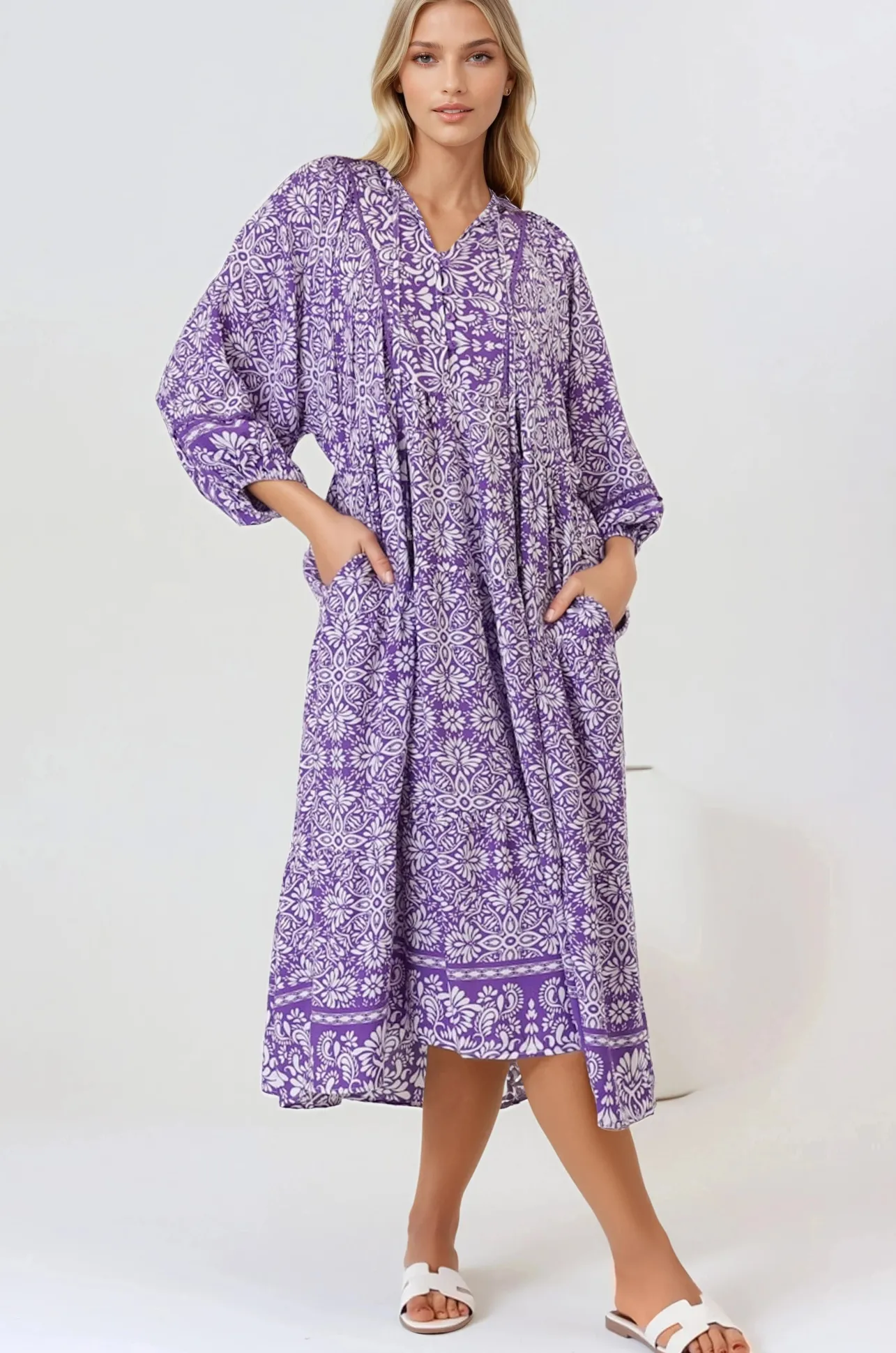 Kamali Midi Dress - Batwing Sleeve Smock Dress with Lace Detailing in Harley Print Purple>Salty Crush Sale