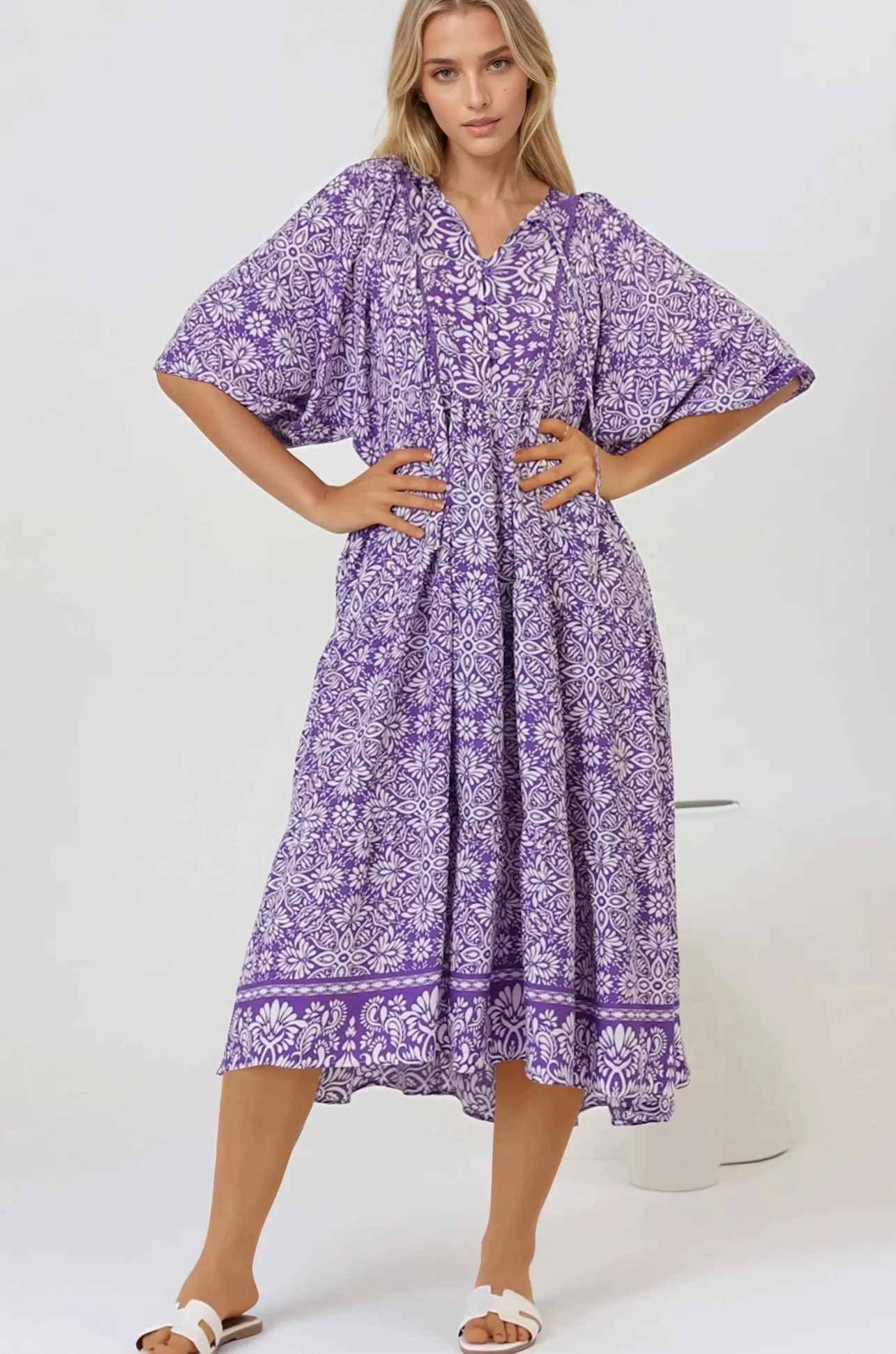 Kamali Midi Dress - Batwing Sleeve Smock Dress with Lace Detailing in Harley Print Purple>Salty Crush Sale