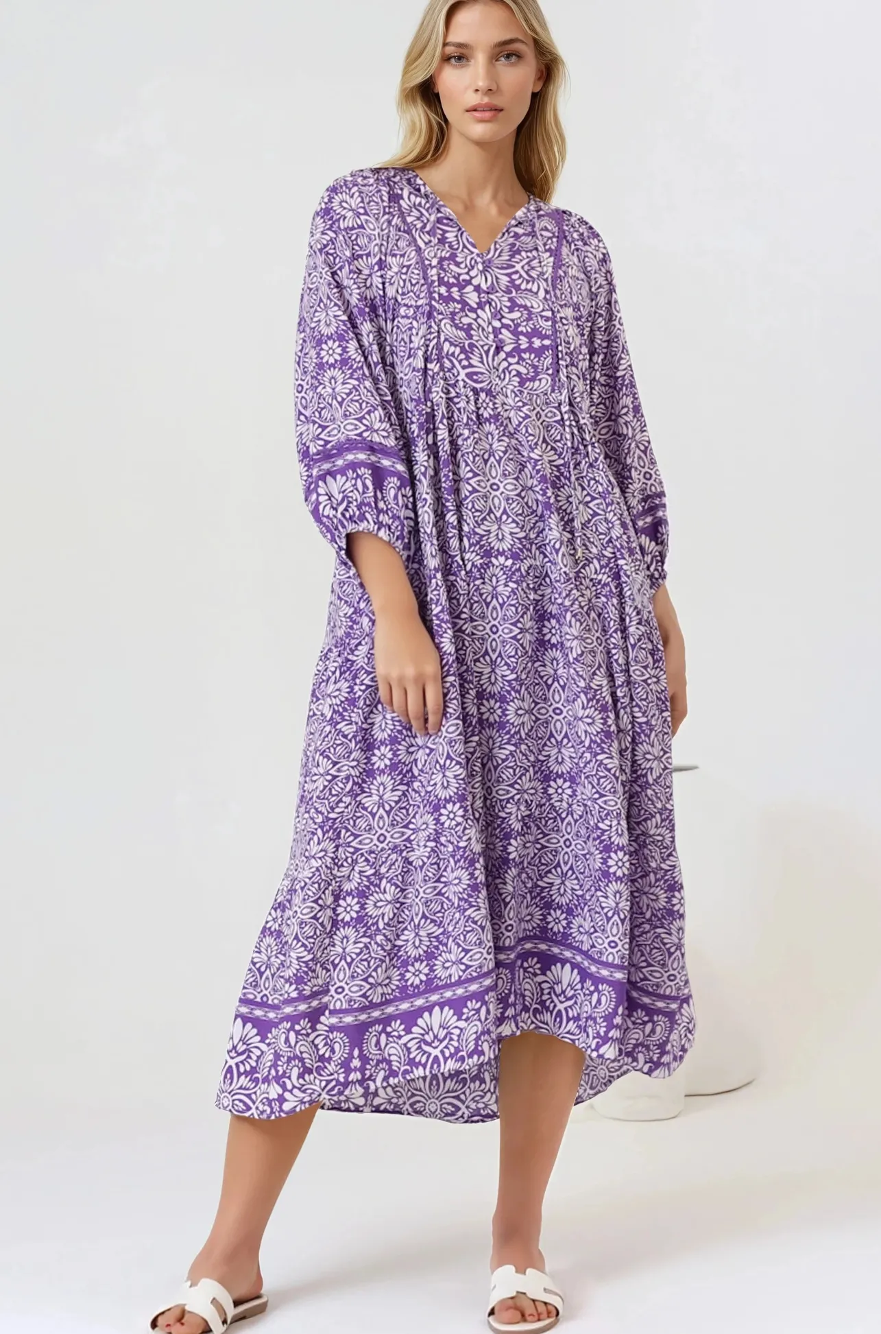 Kamali Midi Dress - Batwing Sleeve Smock Dress with Lace Detailing in Harley Print Purple>Salty Crush Sale