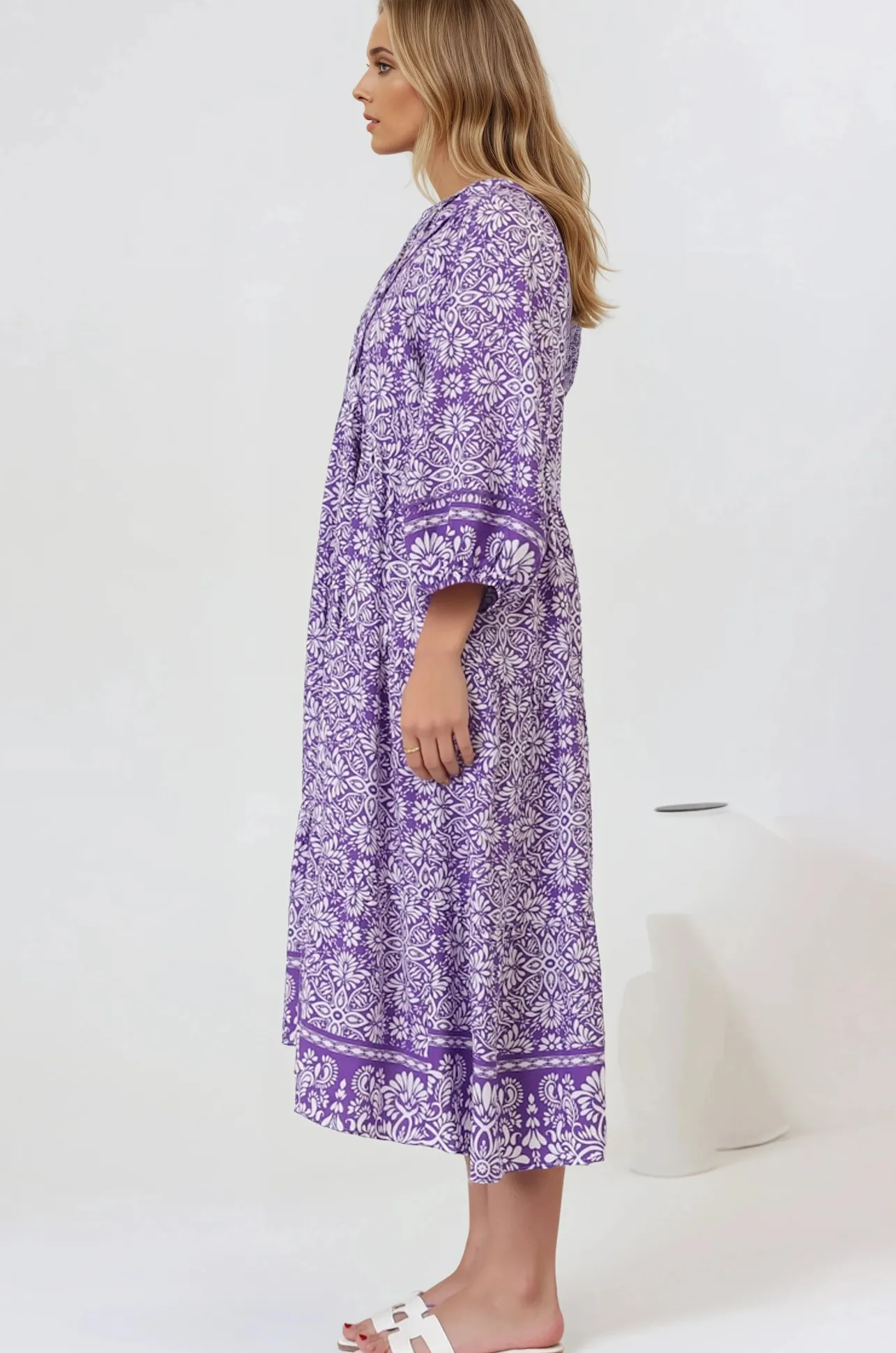 Kamali Midi Dress - Batwing Sleeve Smock Dress with Lace Detailing in Harley Print Purple>Salty Crush Sale