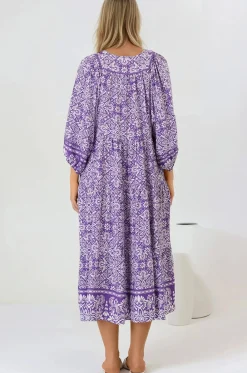 Kamali Midi Dress - Batwing Sleeve Smock Dress with Lace Detailing in Harley Print Purple><noscript><img width=