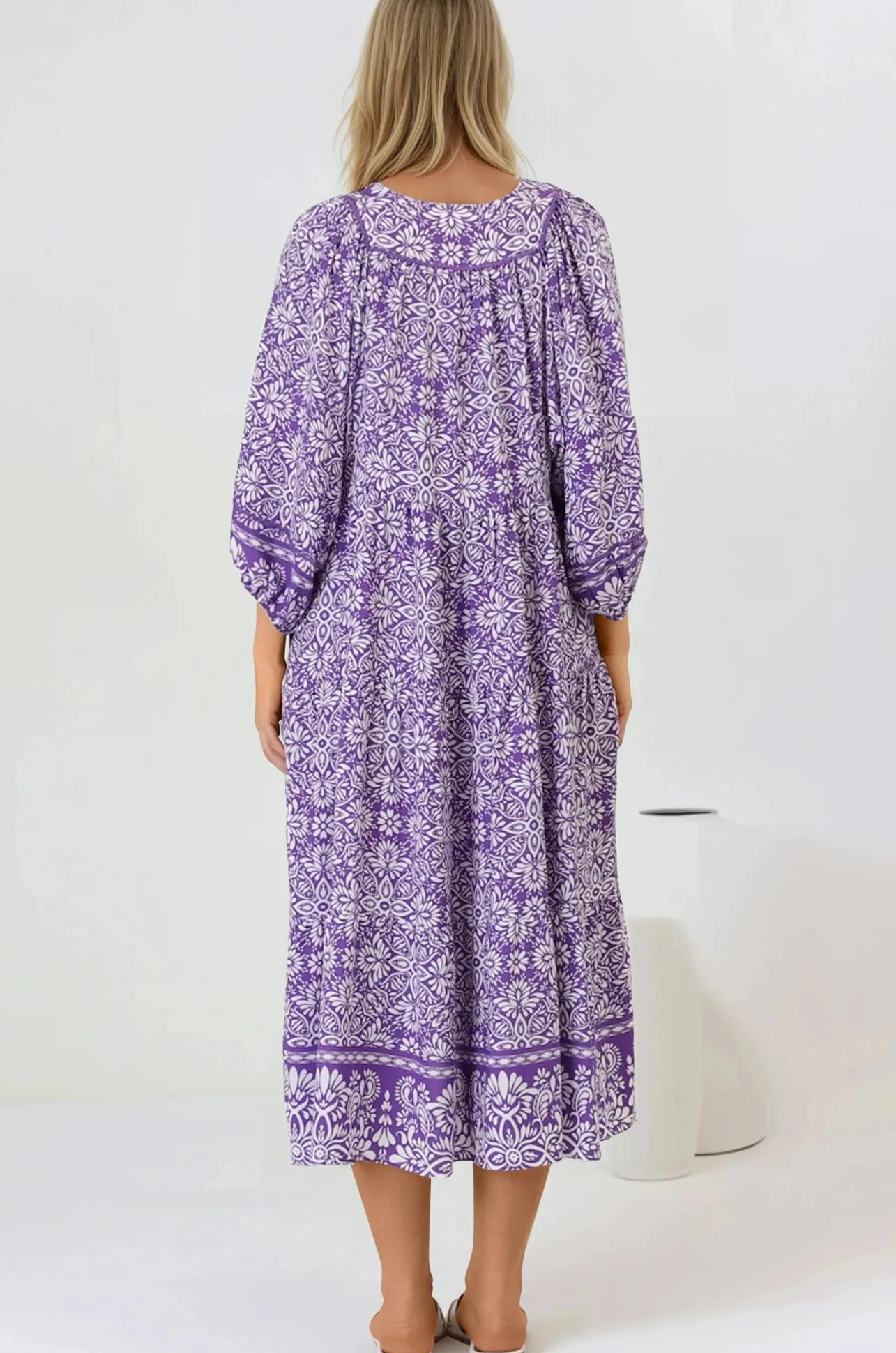 Kamali Midi Dress - Batwing Sleeve Smock Dress with Lace Detailing in Harley Print Purple>Salty Crush Sale