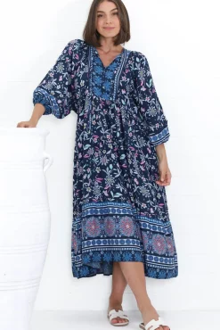 Kamali Midi Dress - Batwing Sleeve Smock Dress with Lace Detailing in Thanya Print Blue>Salty Crush Discount