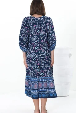 Kamali Midi Dress - Batwing Sleeve Smock Dress with Lace Detailing in Thanya Print Blue><noscript><img width=