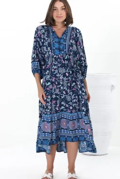 Kamali Midi Dress - Batwing Sleeve Smock Dress with Lace Detailing in Thanya Print Blue><noscript><img width=