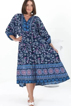 Kamali Midi Dress - Batwing Sleeve Smock Dress with Lace Detailing in Thanya Print Blue><noscript><img width=